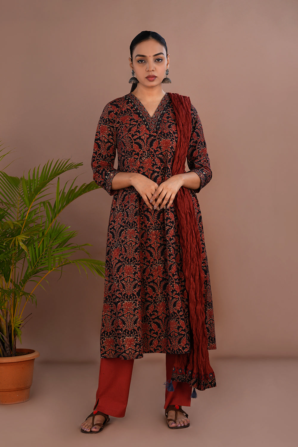 Image of Bright maroon and black Ajrak printed Kurta & Dupatta set